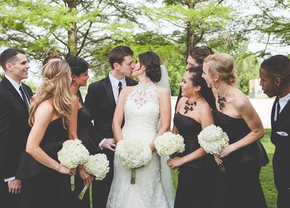 Black and white wedding party at the riverbend chapel