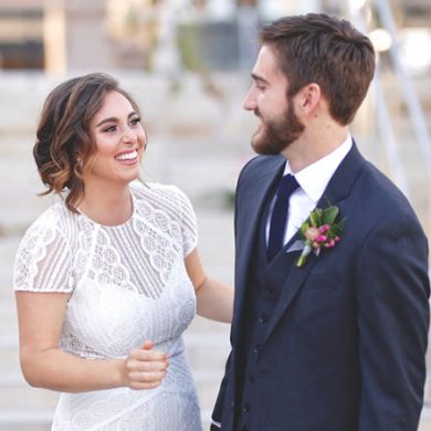 Real bride wearing the Monica Gown from BHLDN