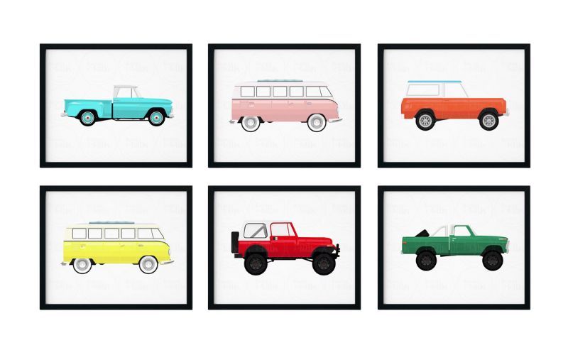 Colorful Car Prints Wall Art for Kids' Rooms