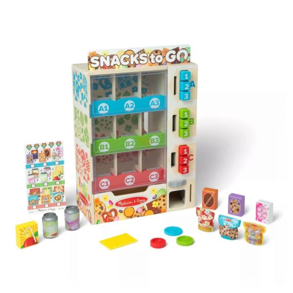 Melissa and Doug Vending Machine Playset - Wooden toy with interactive buttons, play food packages, and collection drawer. Ideal for teaching cause-and-effect, letter and number recognition, and fine motor skills.