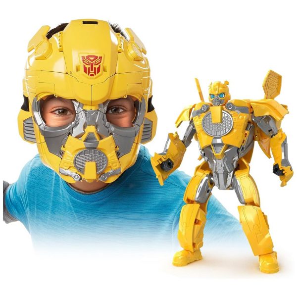 Boy enjoying imaginative play with Transformers Bumblebee 2-in-1 Converting Roleplay Mask and action figure.